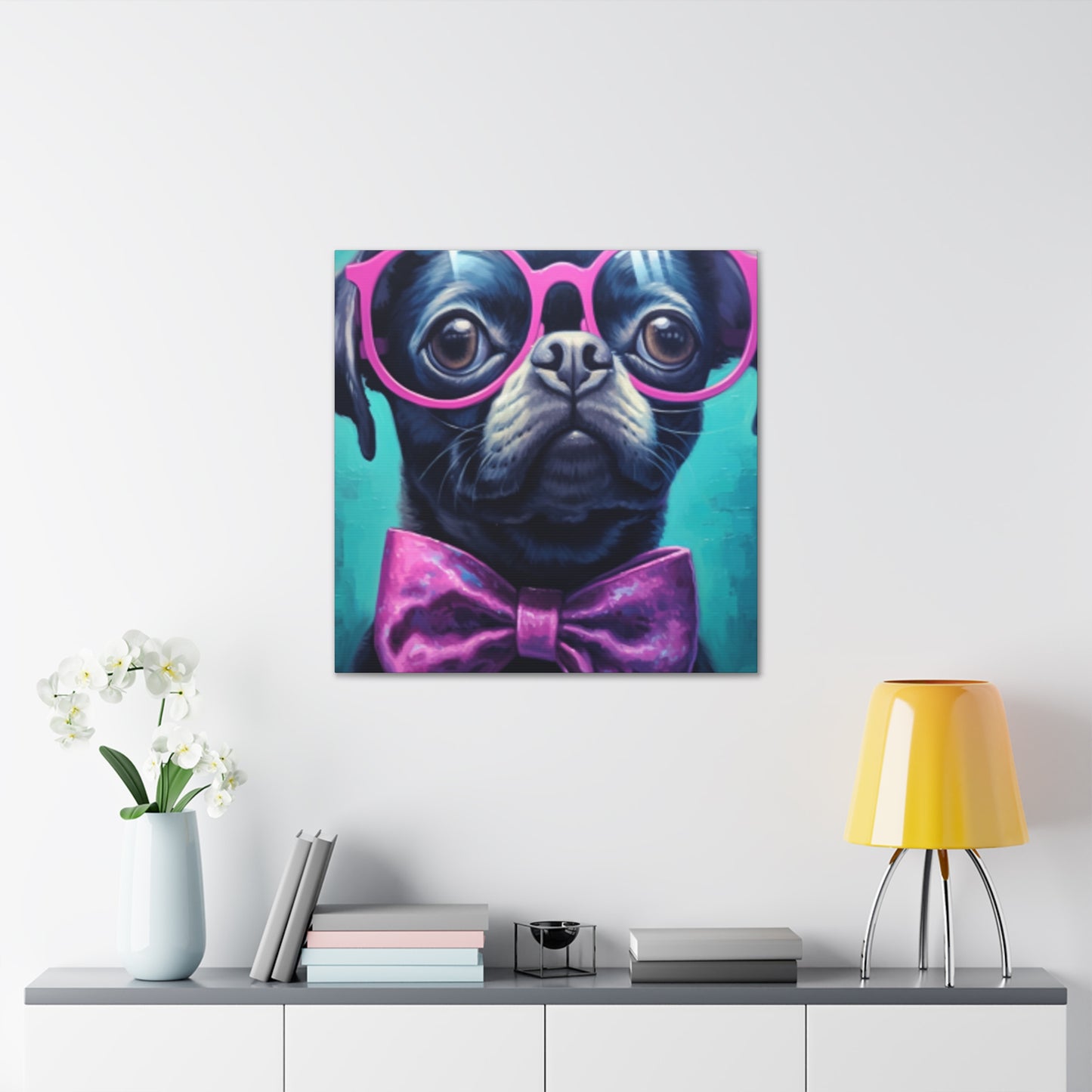 Huge Purple Glasses And Bow Tie On A Black Dog- Large Wall Art