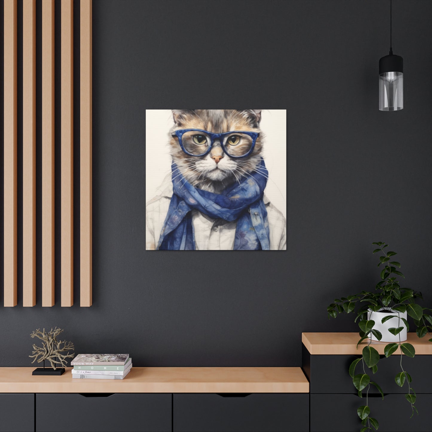 Gray Kitty, Blue Glasses And Scarf - Large Wall Art
