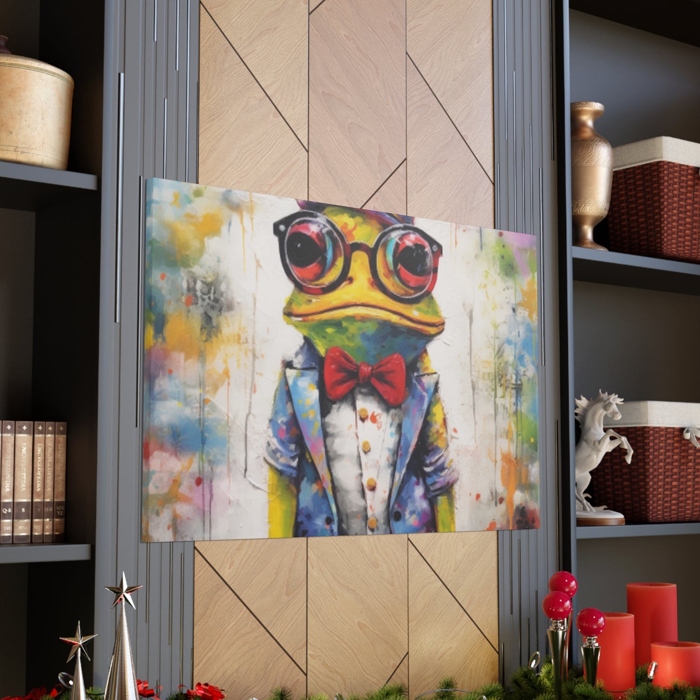 Green Frog Painting In Glasses And Red Bow Tie- Large Wall Art
