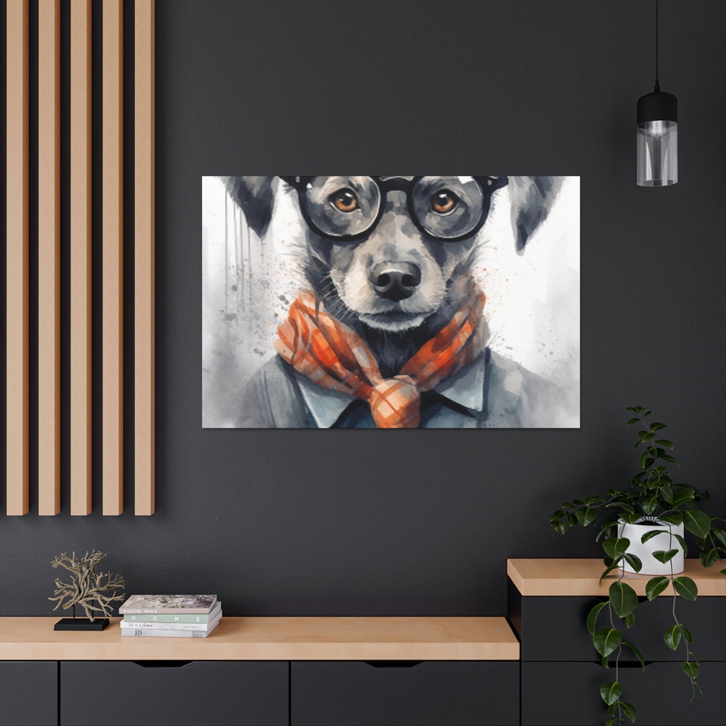 Puppy In Black Glasses, Pops Of Orange- Large Wall Art