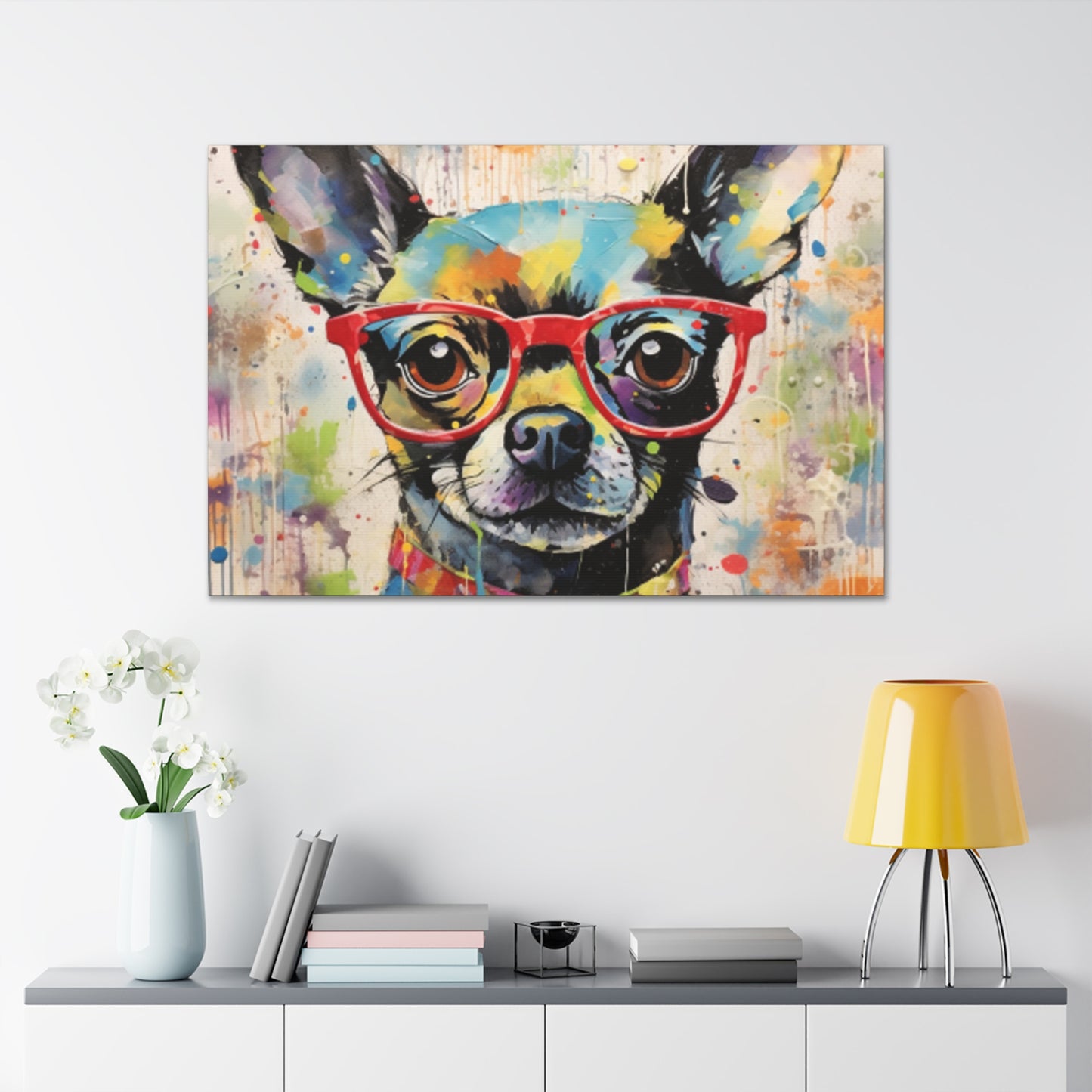 Colorful Painting Of Chihuahua In Red Glasses - Large Wall Art