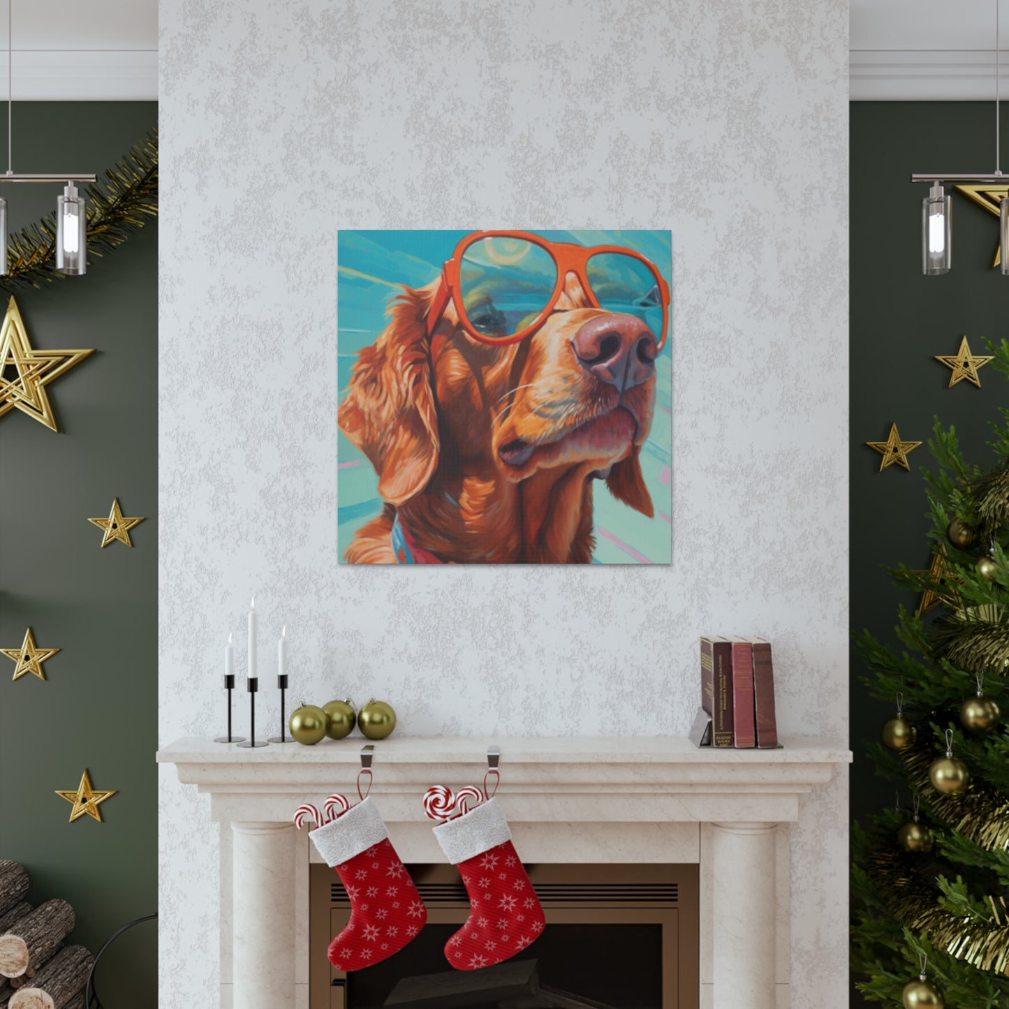 Golden Retriever In Orange Glasses Looking Yonder - Large Wall Art