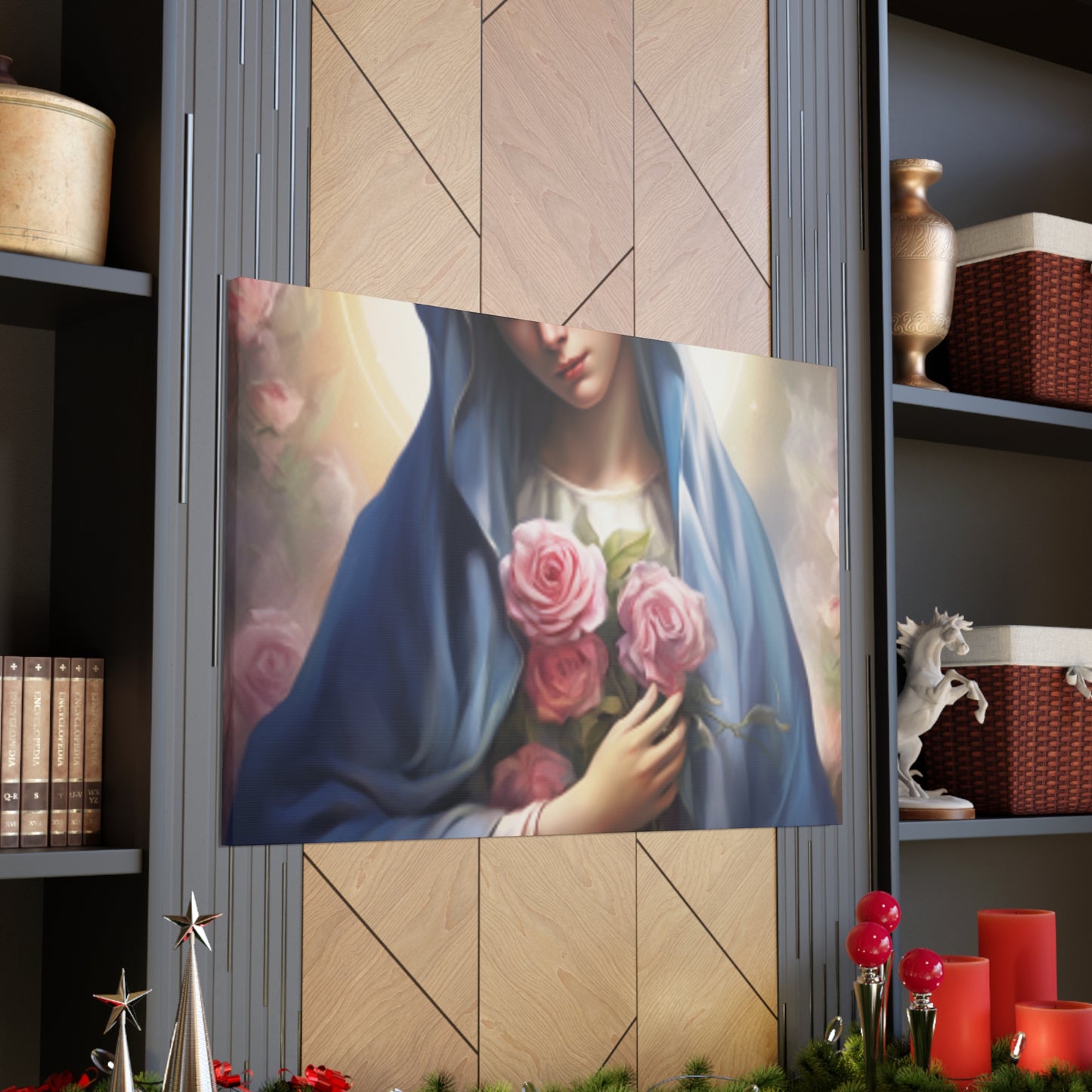 Heavenly Glow Around The Virgin Mary Holding Pink Roses - Large Wall Art