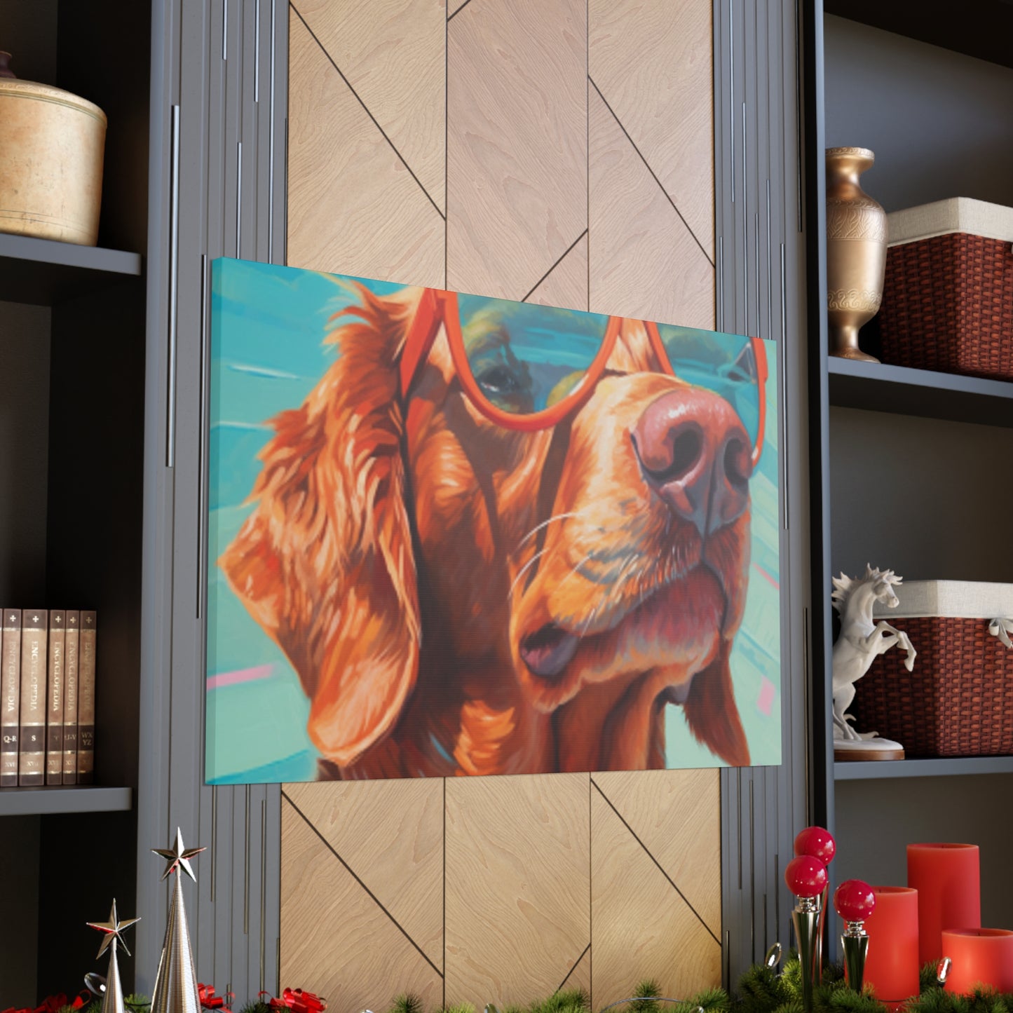 Golden Retriever In Orange Glasses Looking Yonder - Large Wall Art