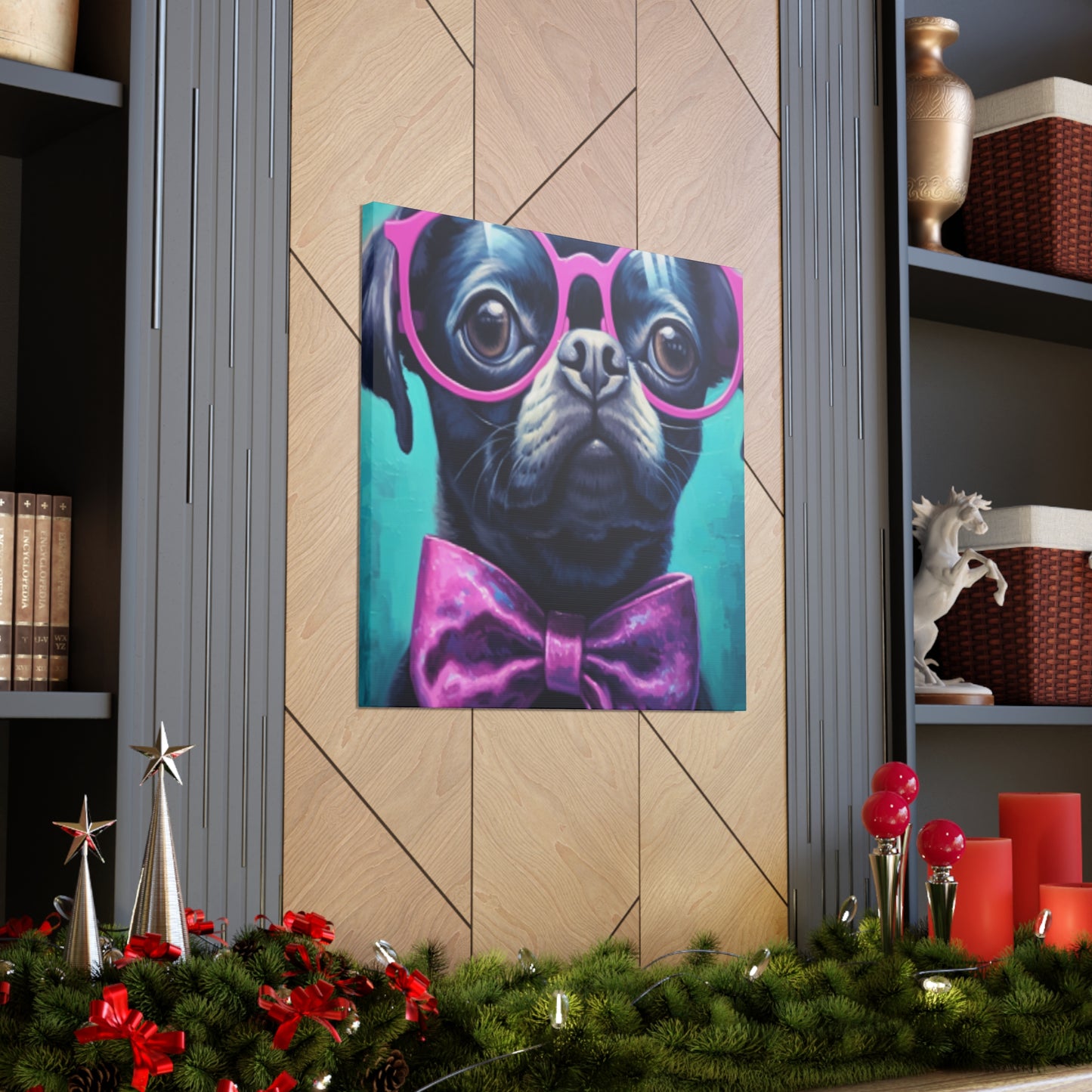 Huge Purple Glasses And Bow Tie On A Black Dog- Large Wall Art