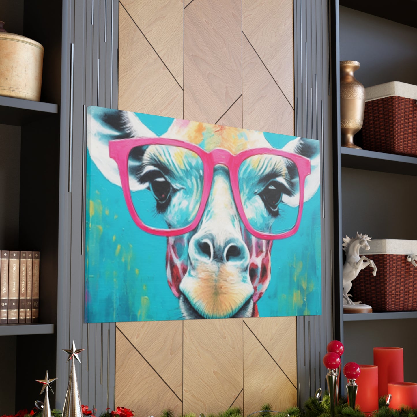 Happy Giraffe In Big Pink Glasses With Bright Blue Background - Large Wall Art