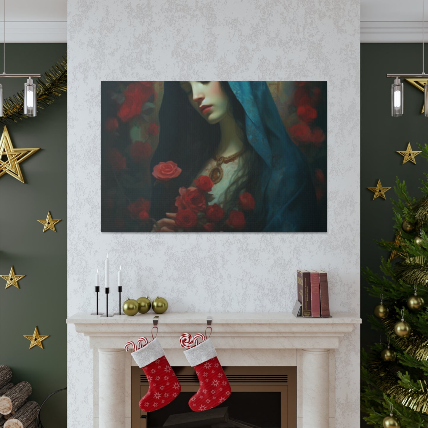 Peaceful Mother Mary And Red Roses- Large Wall Art