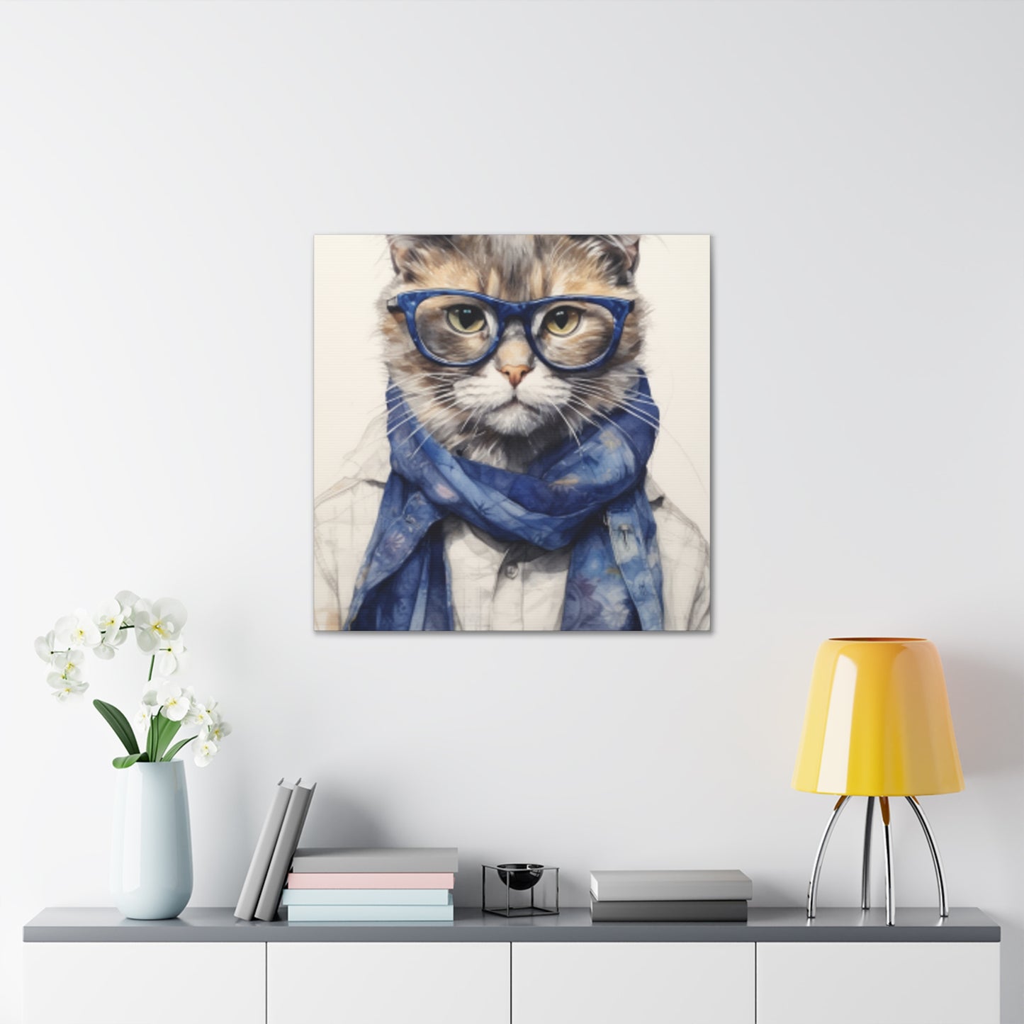 Gray Kitty, Blue Glasses And Scarf - Large Wall Art