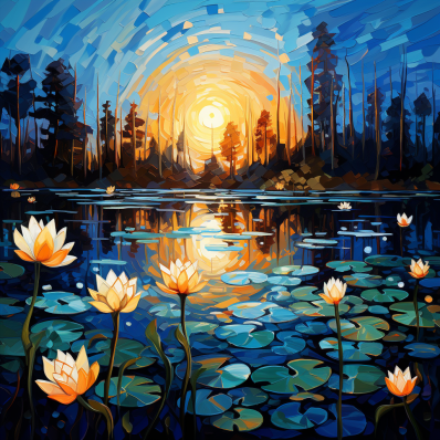 Sunset Over Pond Of Lily Pads