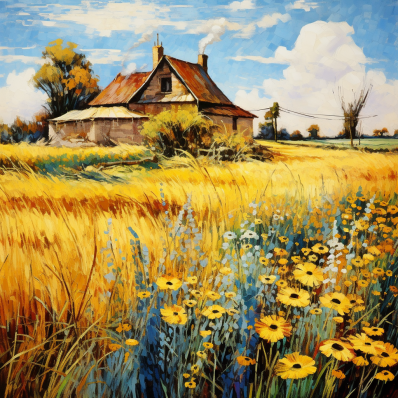 Farmhouse In Field Of Wildflowers
