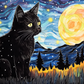 Sad Black Kitty And Full Moon  Diamond Painting Kits