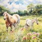 Watercolor Meadow And Horses