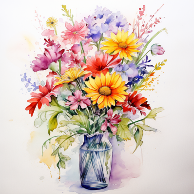 Watercolor Vase Of Colorful Flowers