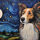 Watercolor Starry Night Full Moon Collie
