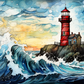 Watercolor Lighthouse And Large Wave