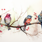Four Watercolor Birds On A Branch