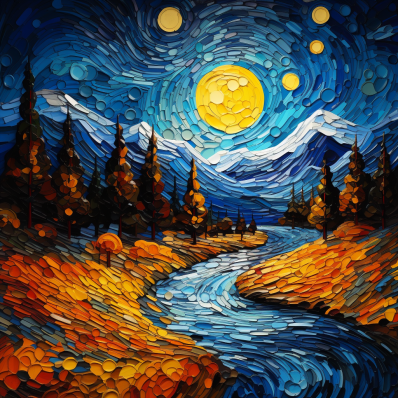 Snow Covered Mountains And Stream In The Evening