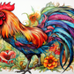 Watercolor Rooster And Flowers