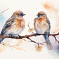 Two Soft Watercolor Birds On A Branch