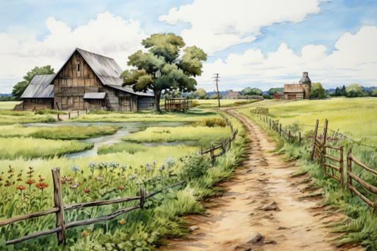 Watercolor Dirt Road And Farm