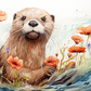 Watercolor Otter And Flowers