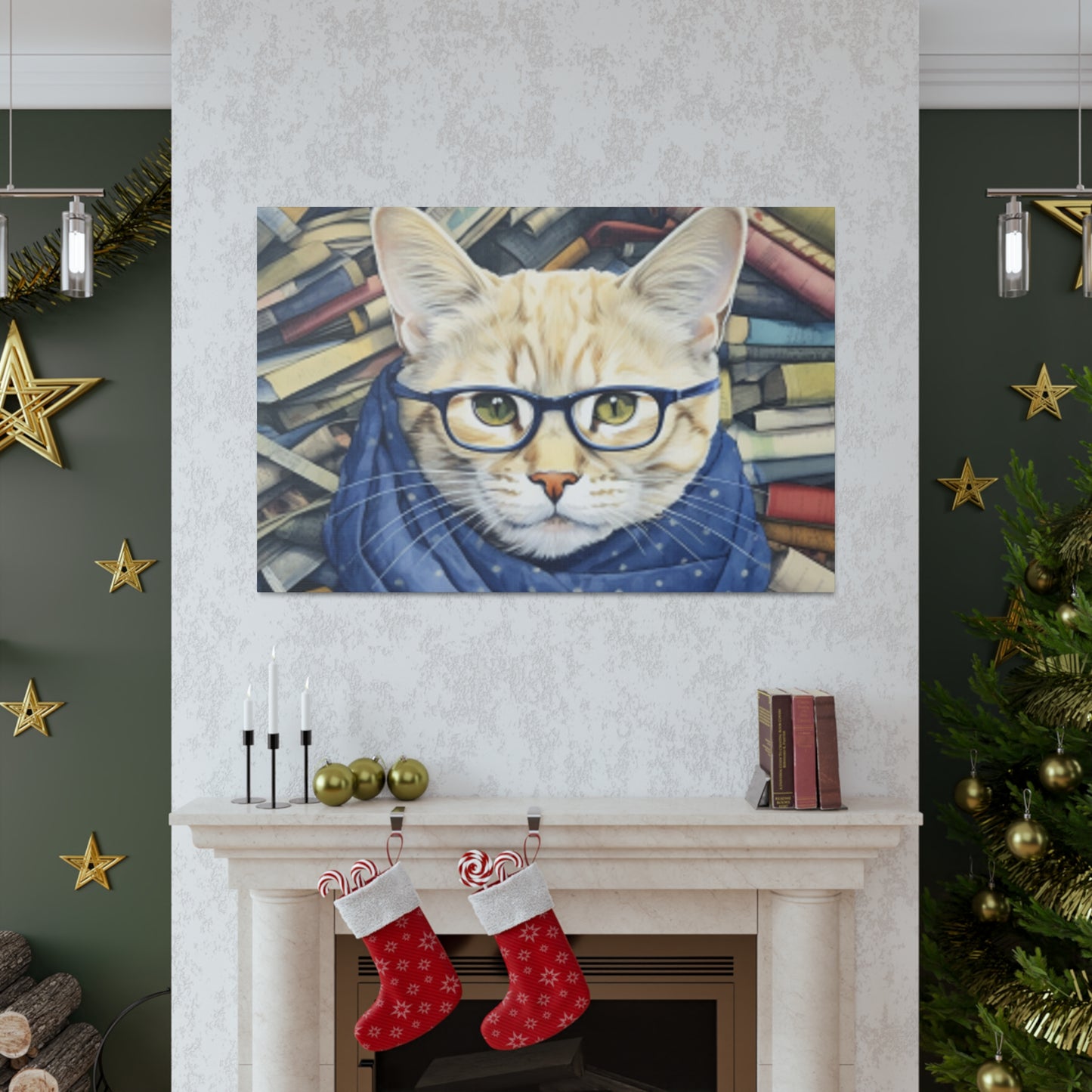 Bookworm Kitty With Glasses And Scarf - Large Wall Art