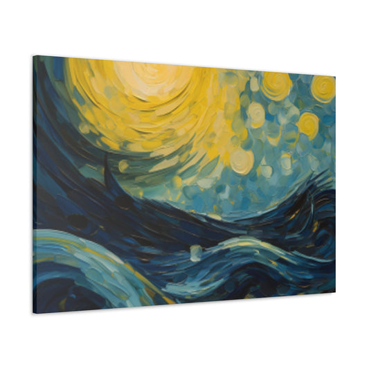 Waves And Full Moon Starry Night Style- Large Wall Art