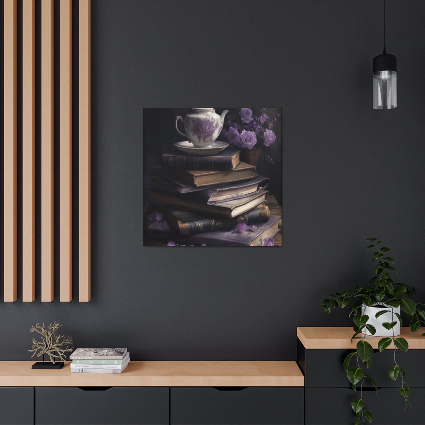 Purple Roses, Teapot And Books - Large Wall Art