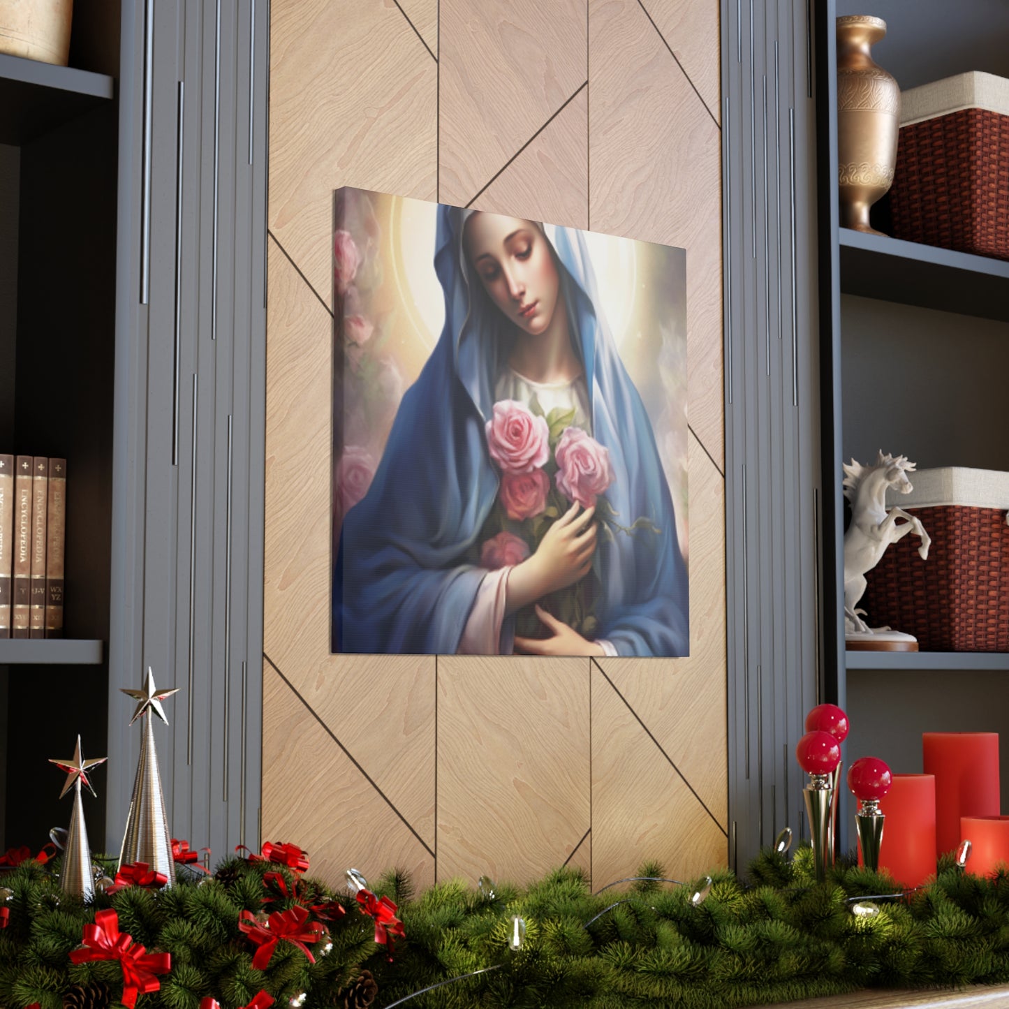 Heavenly Glow Around The Virgin Mary Holding Pink Roses - Large Wall Art