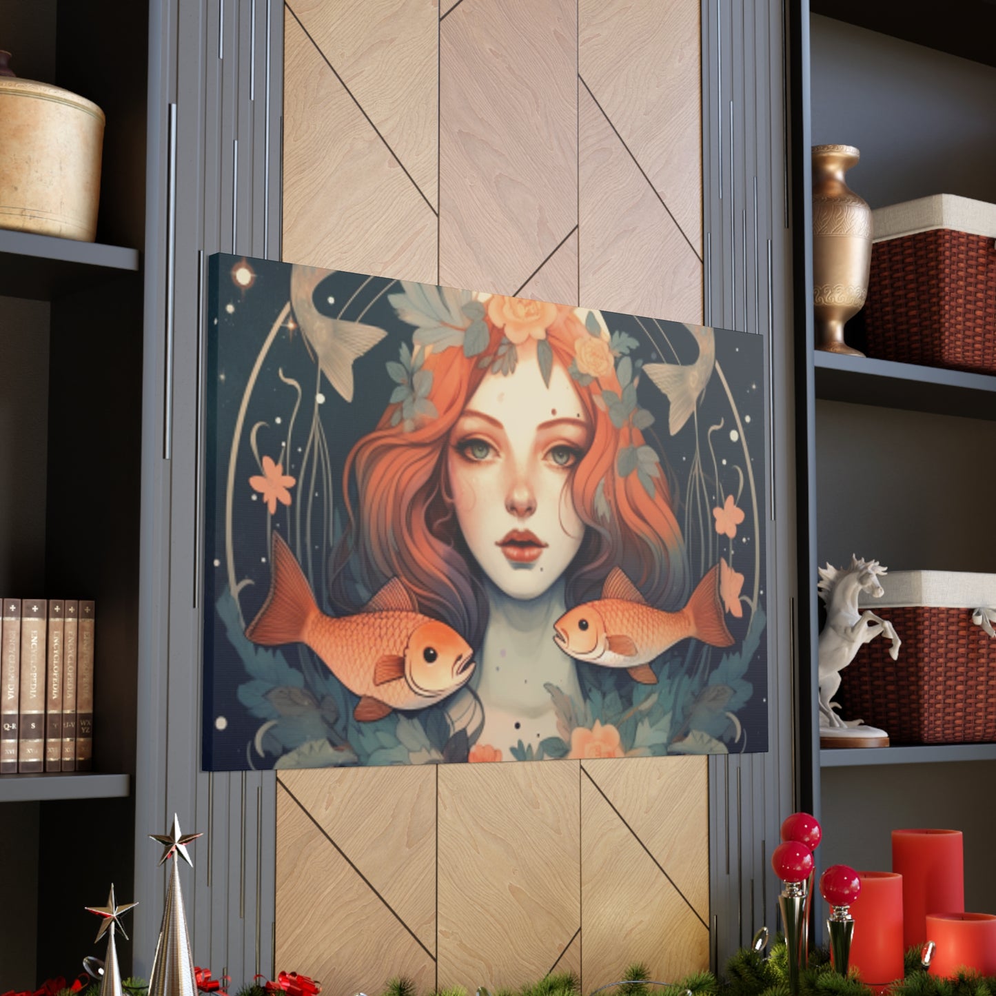 Astrology, Lofi, Peaceful Pisces Girl And Fish - Large Wall Art