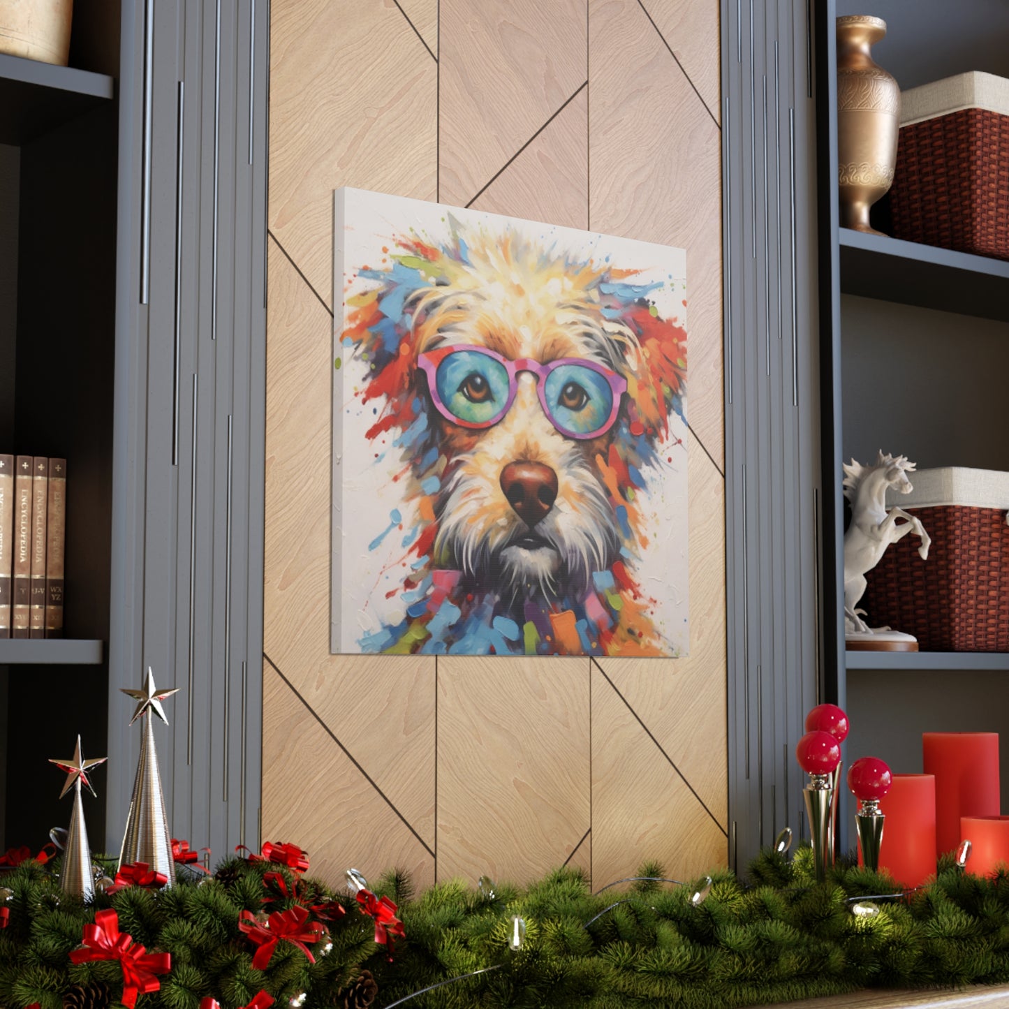 Smart Colorful Dog In Blue And Pink Glasses- Large Wall Art