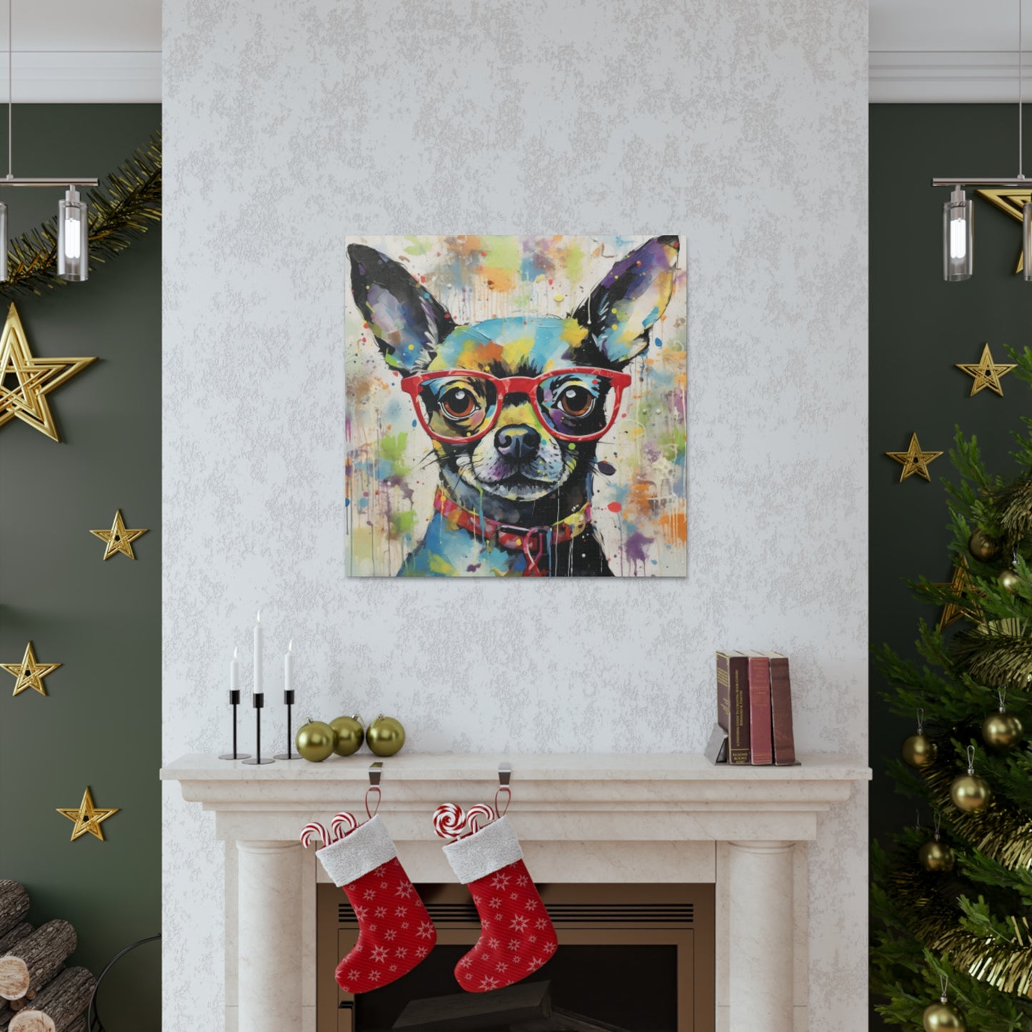 Colorful Painting Of Chihuahua In Red Glasses - Large Wall Art