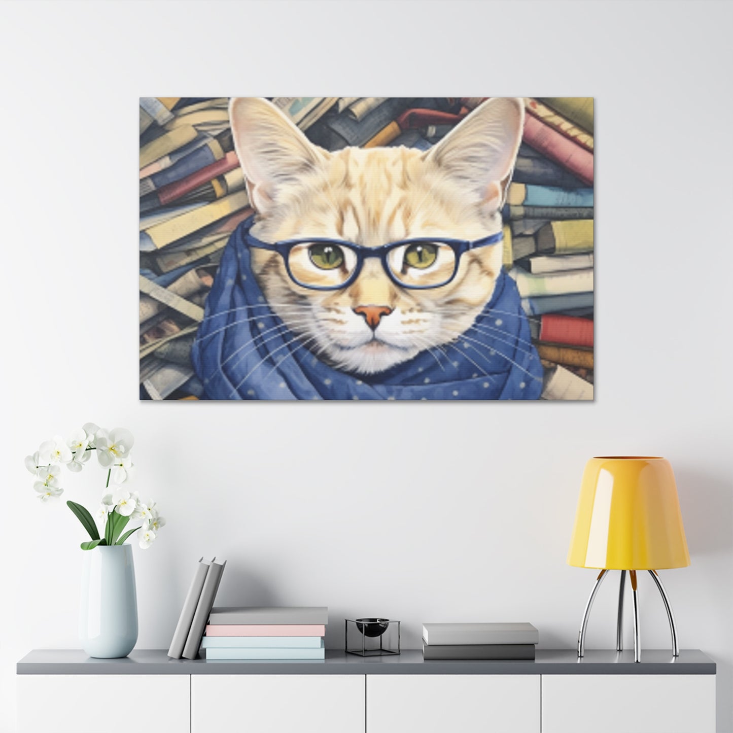 Bookworm Kitty With Glasses And Scarf - Large Wall Art