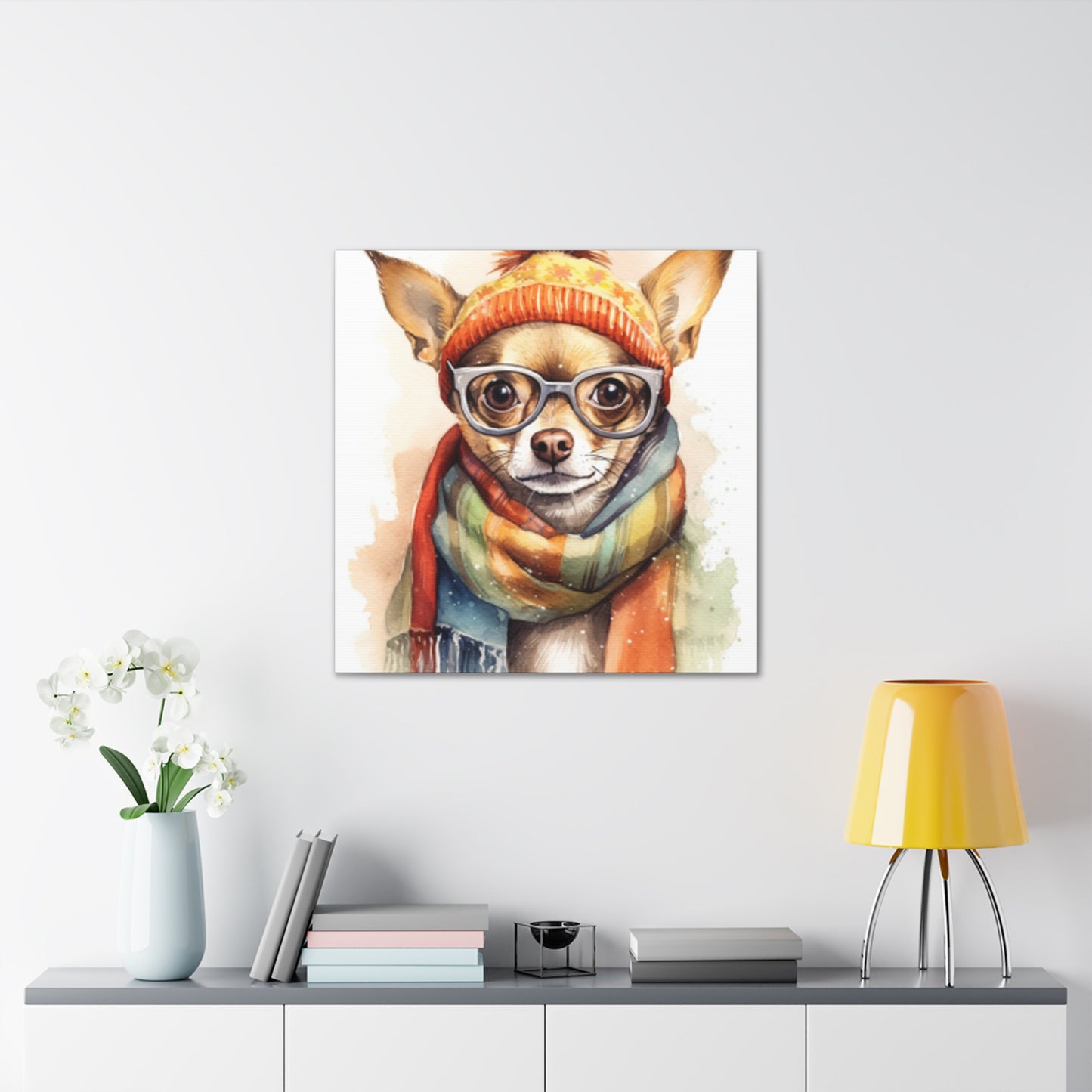 Chihuahua In Orange Beanie, Glasses And Scarf- Large Wall Art