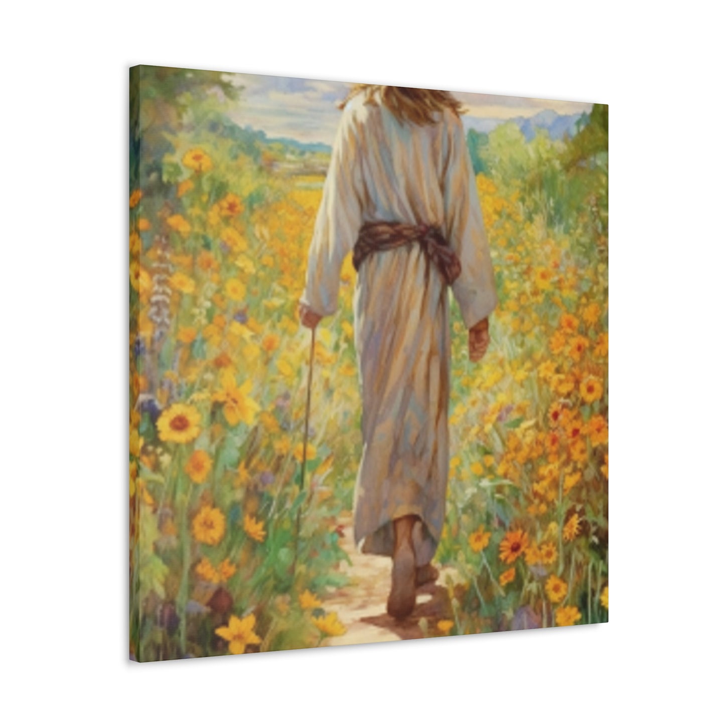 Walk With Jesus, A Dirt Path Through Yellow Flowers - Large Wall Art