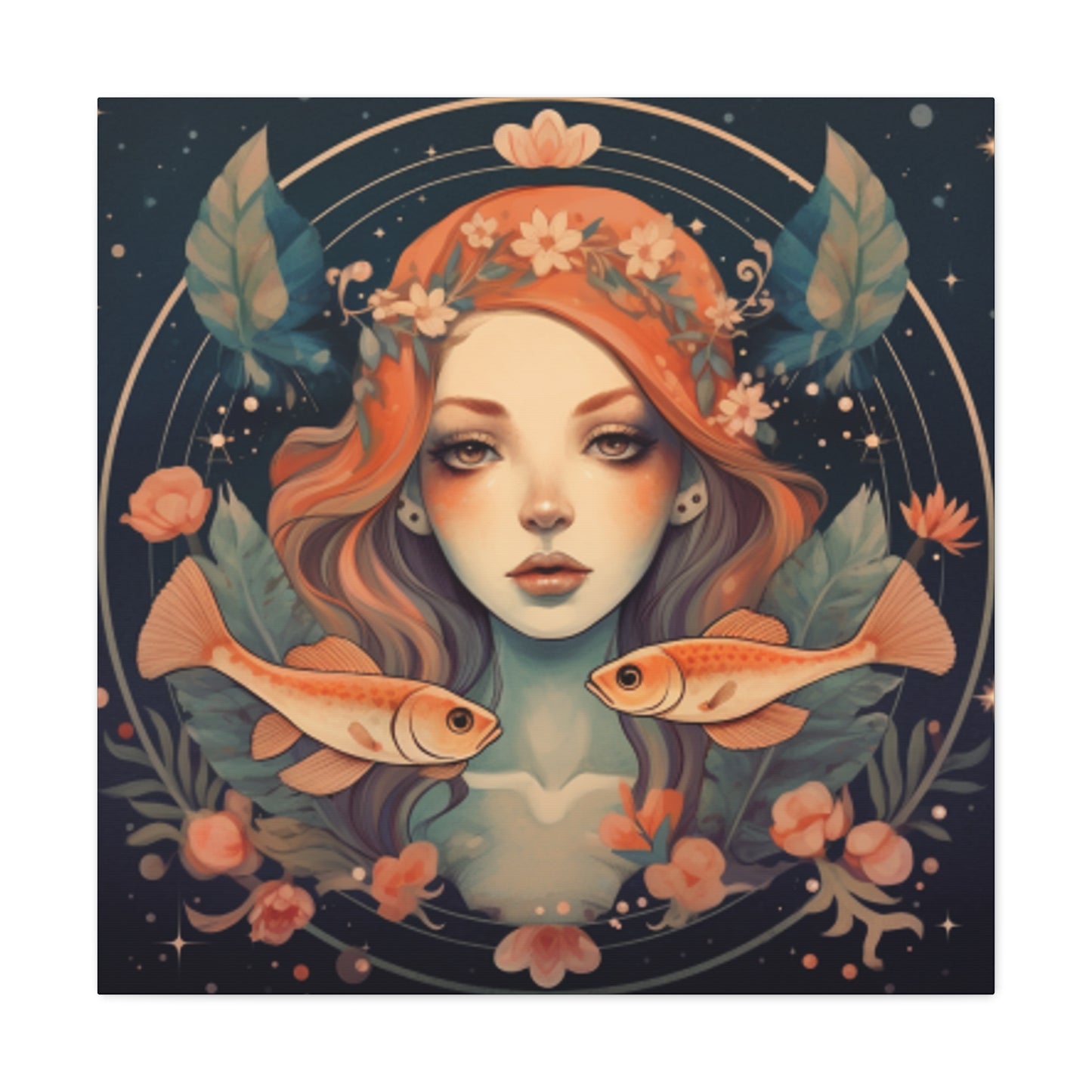 Peaceful, Lofi,  Pisces Fish Girl With Boho Flowers - Large Wall Art