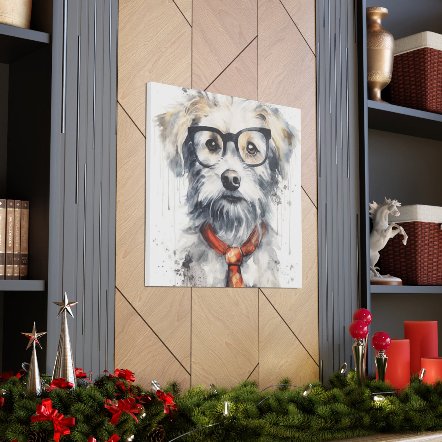 White Dog, Black Glasses, Orange Tie- Large Wall Art