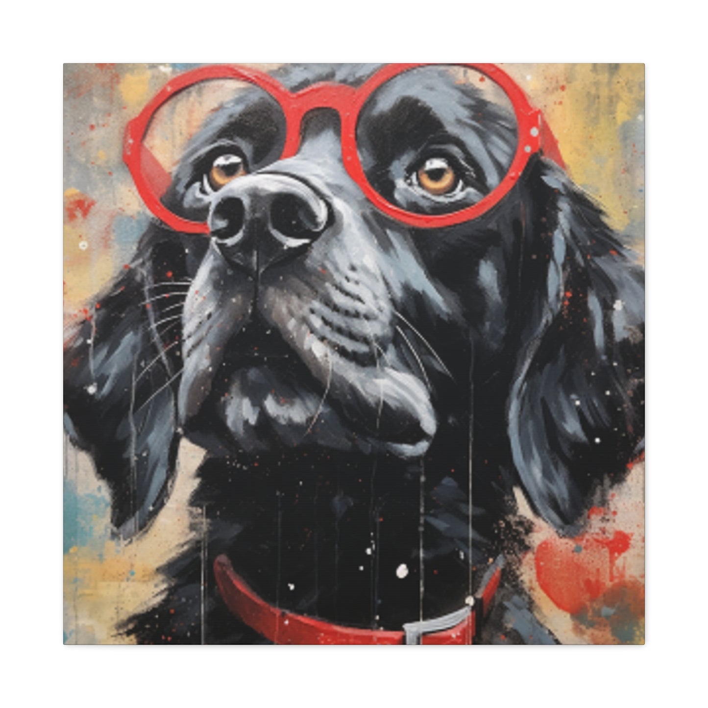 Black Dog In Red Glasses And Red Collar  - Large Wall Art