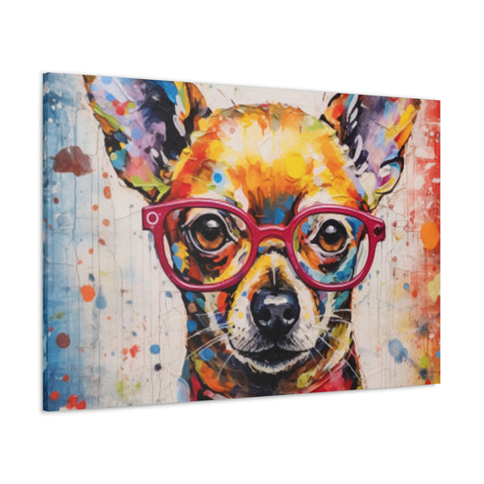 Painting Of A Chihuahua In Red Collar And Glasses With Multi Color Paint Spots - Large Wall Art