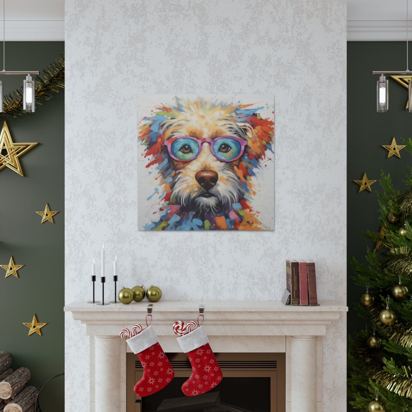 Smart Colorful Dog In Blue And Pink Glasses- Large Wall Art