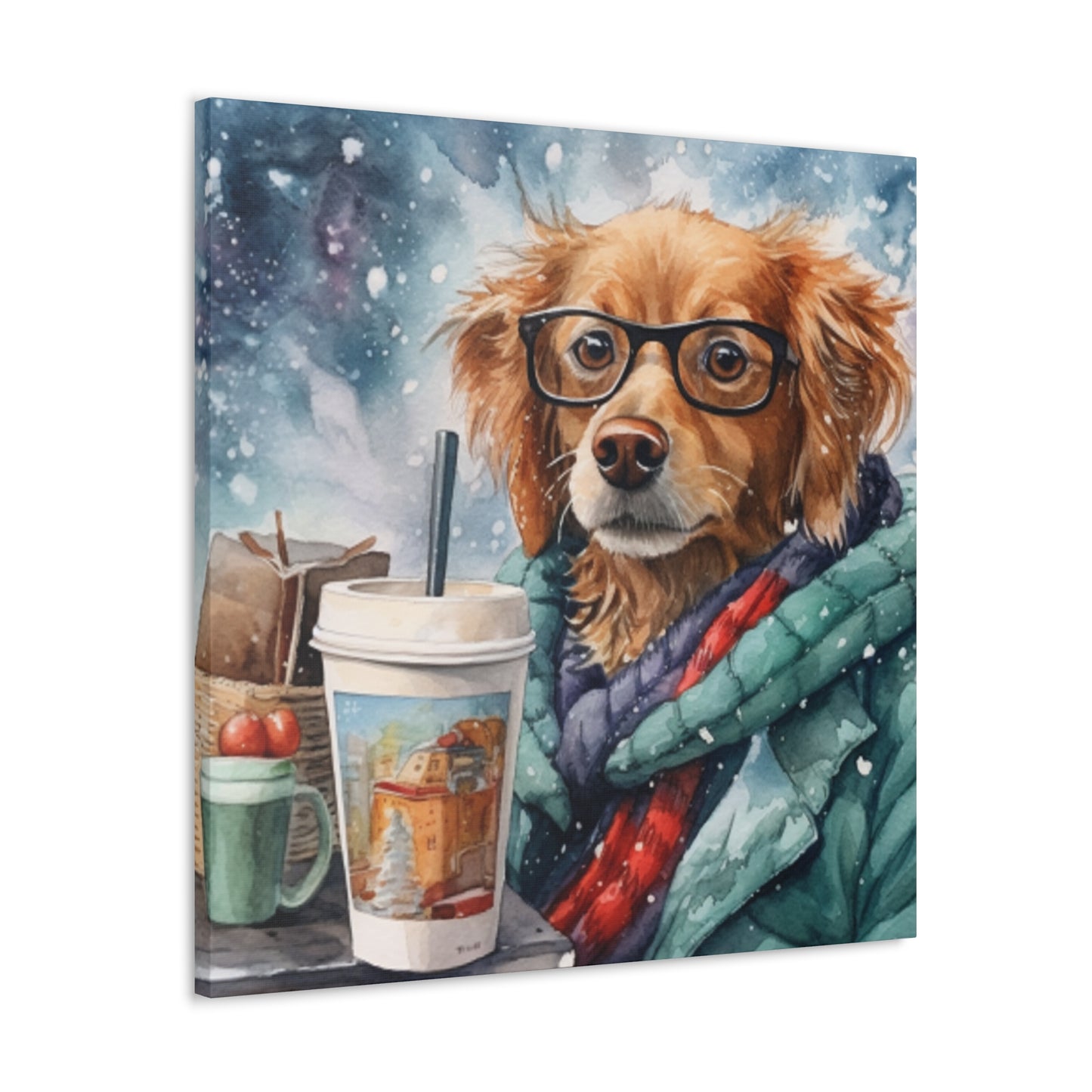 Dog In Glasses Taking A Lunch Break In The Snow- Large Wall Art