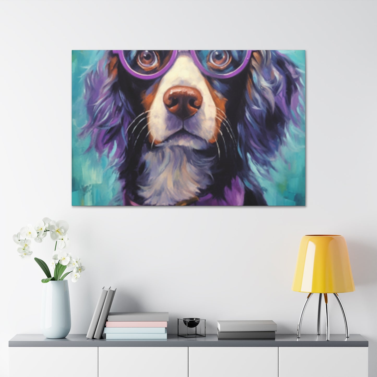 Purple Glasses And Collar On Dog- Large Wall Art