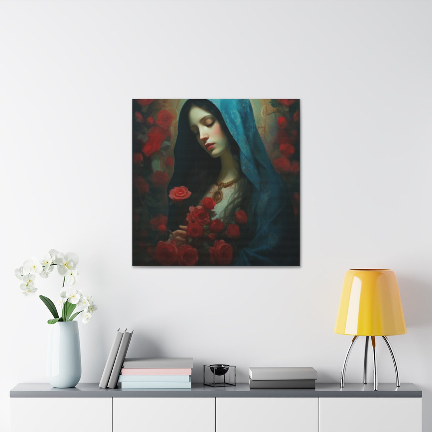 Peaceful Mother Mary And Red Roses- Large Wall Art