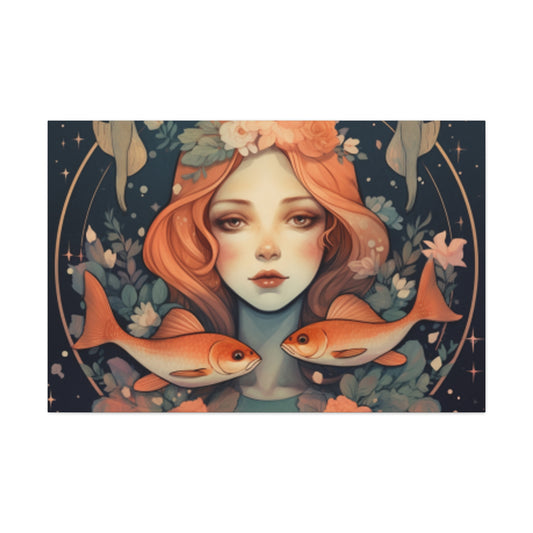 Lofi, Peaceful Pisces Fish Girl With Flowers - Large Wall Art