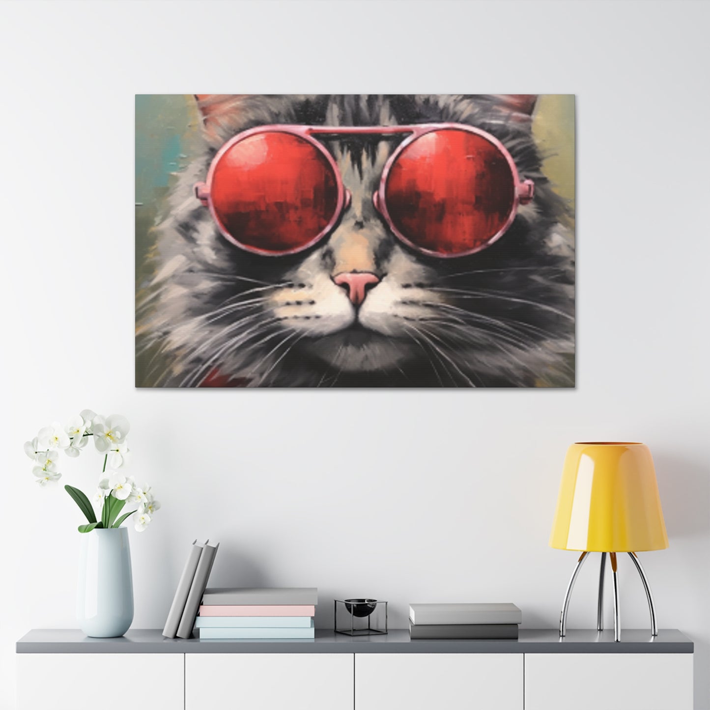 Red Shades On Fluffy Tabby Cat - Large Wall Art