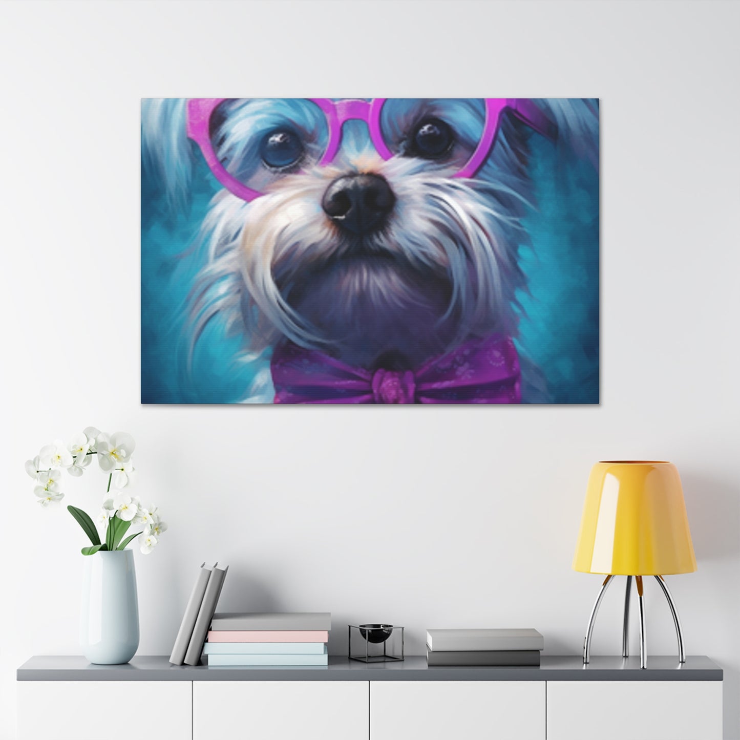 Cute Doggy In Pink Glasses, Bow Tie And Scrunchie - Large Wall Art