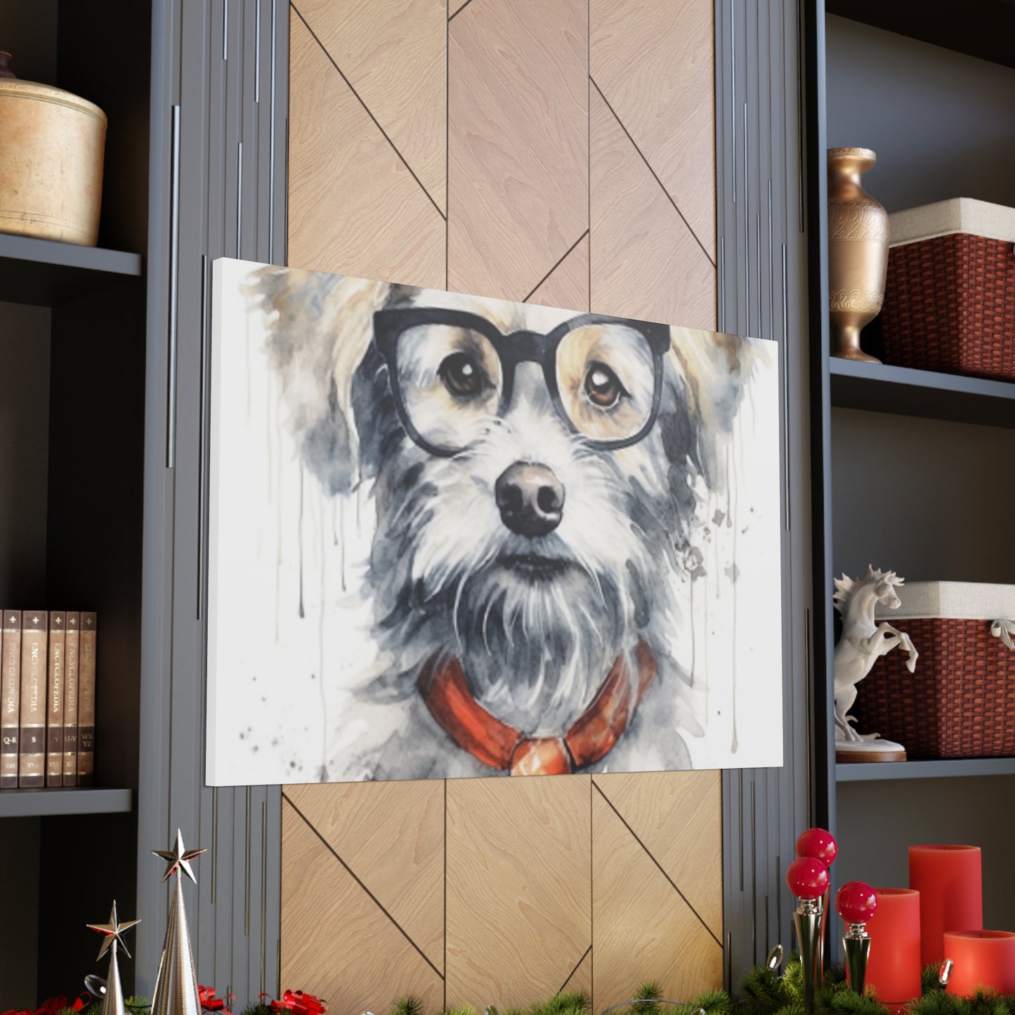 White Dog, Black Glasses, Orange Tie- Large Wall Art