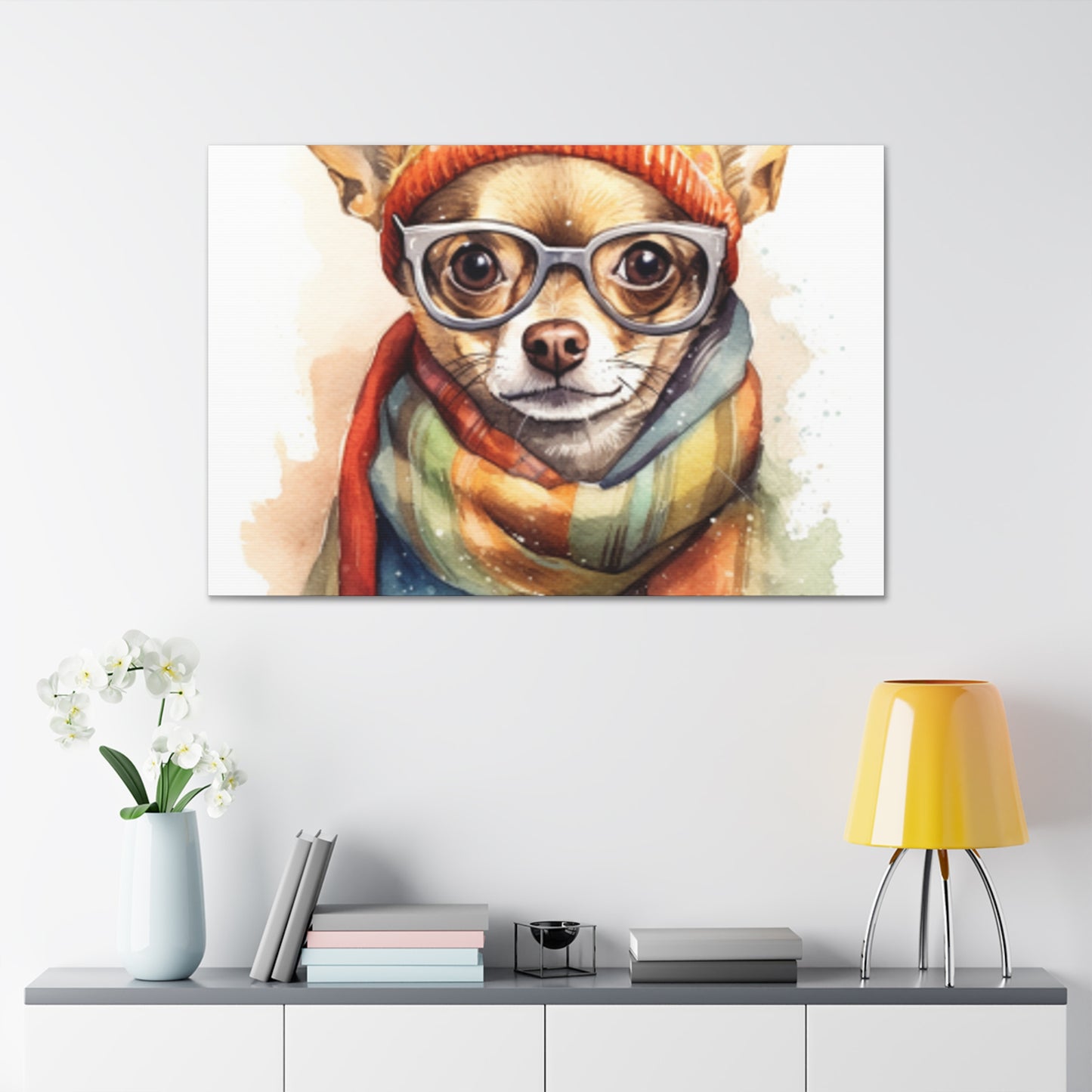 Chihuahua In Orange Beanie, Glasses And Scarf- Large Wall Art