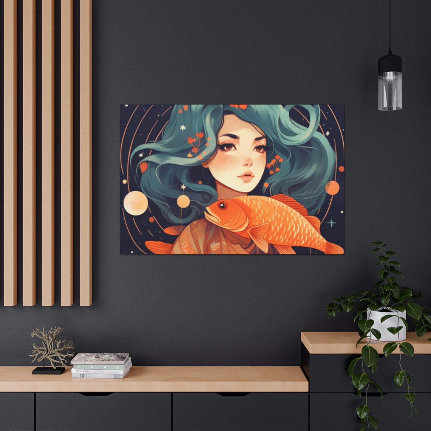 Lofi Style Girl And Her Fish, Pisces - Large Wall Art