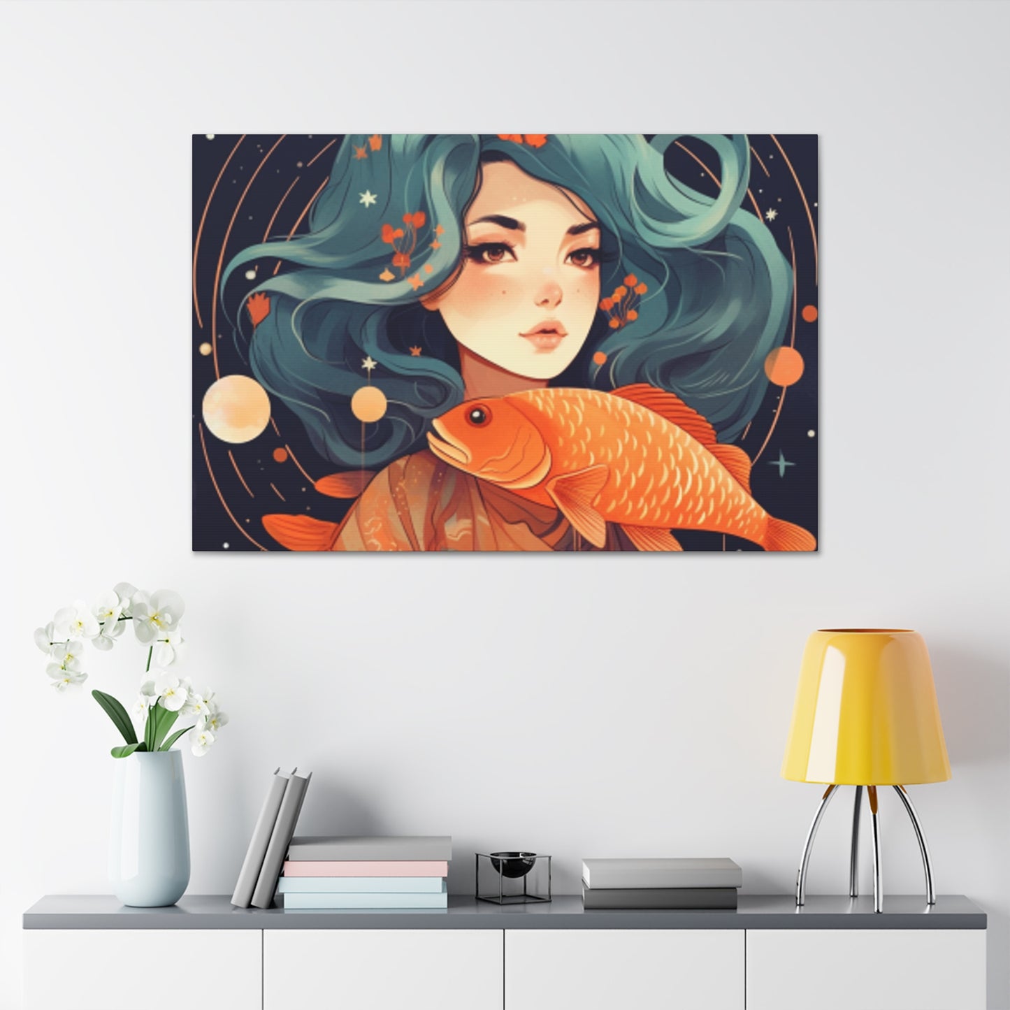 Lofi Style Girl And Her Fish, Pisces - Large Wall Art